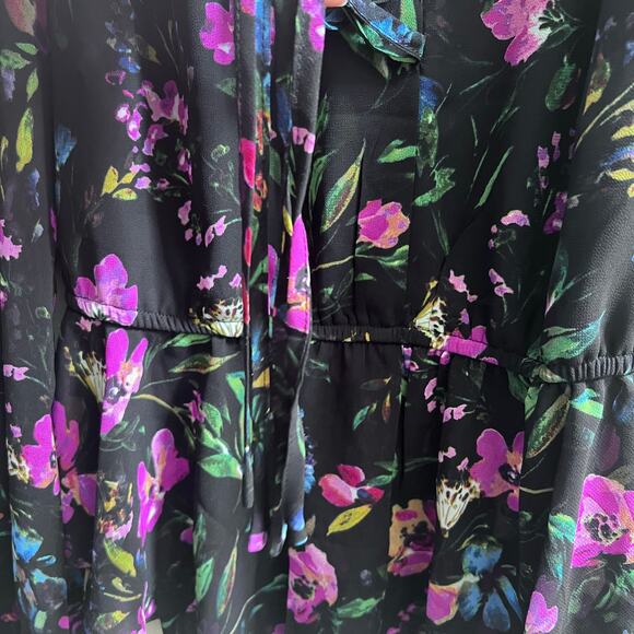 Nicole Miller Floral Printed V-Neck Sheer Puff Sleeve Black Purple Career Top - Picture 9 of 9